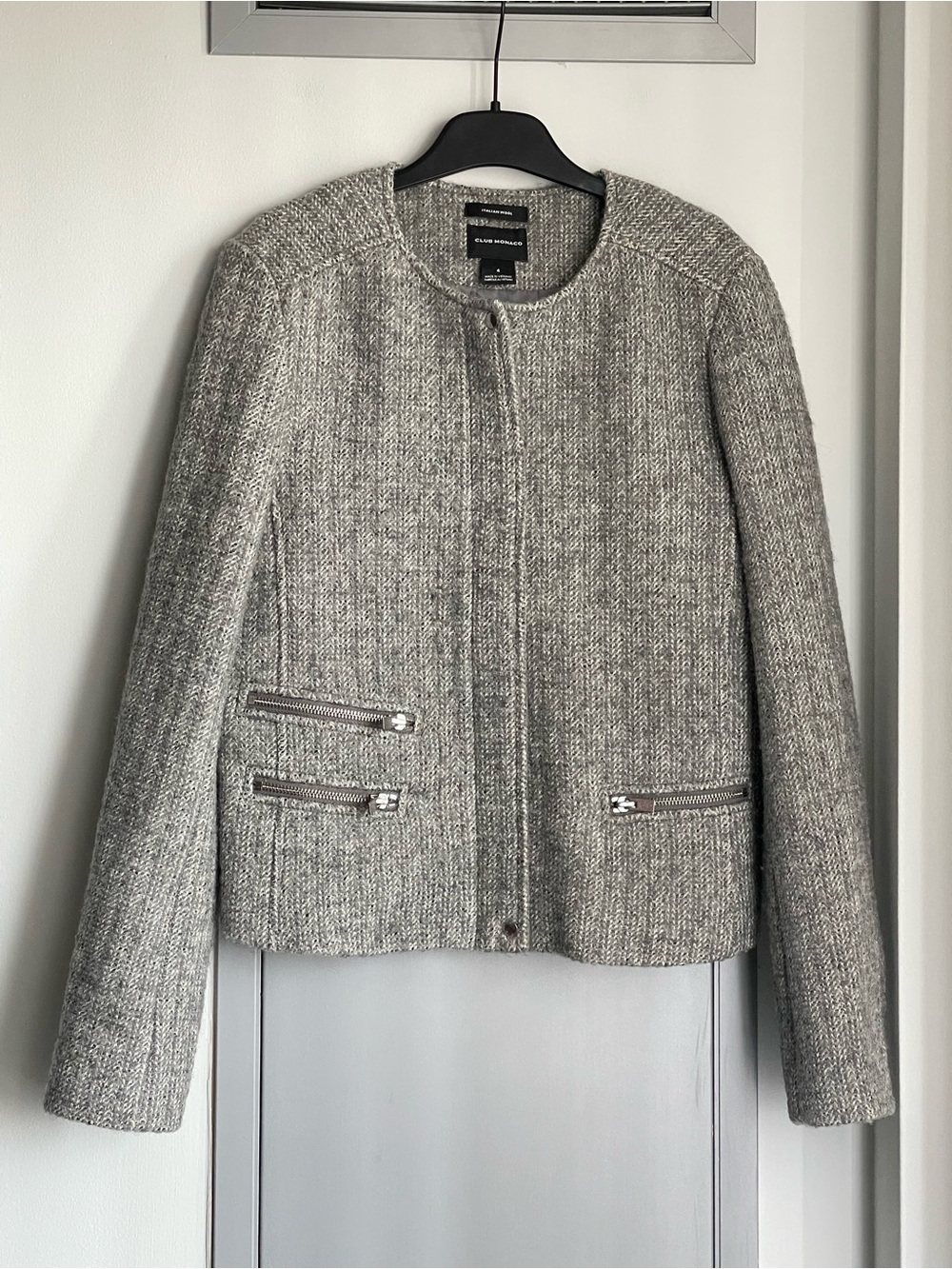 CLUB MONACO Gray Herringbone Italian Wool Blend Tweed Zip-Front Jacket